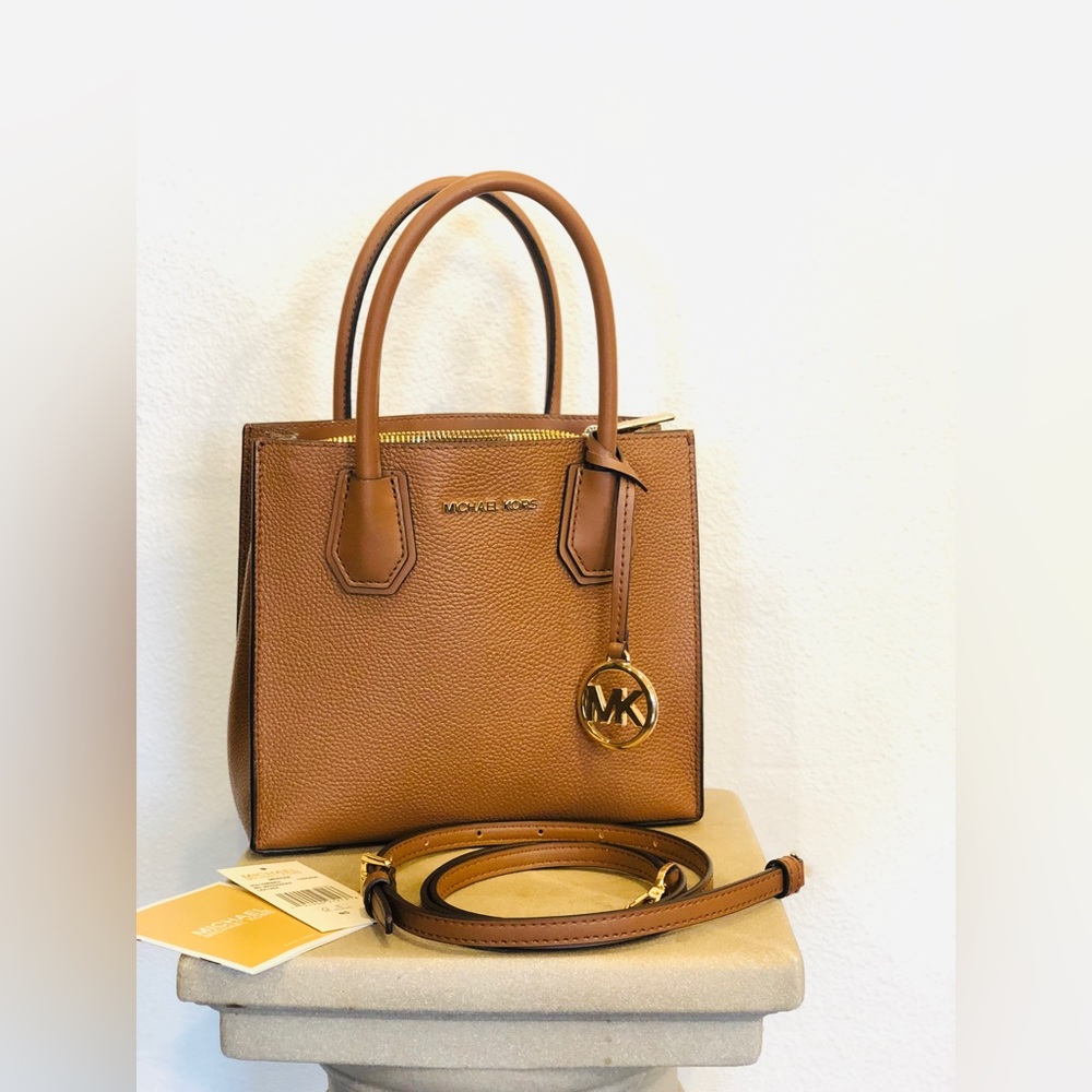 Michael Kors Mercer Medium Luggage Pebbled Leather Messenger Crossbody